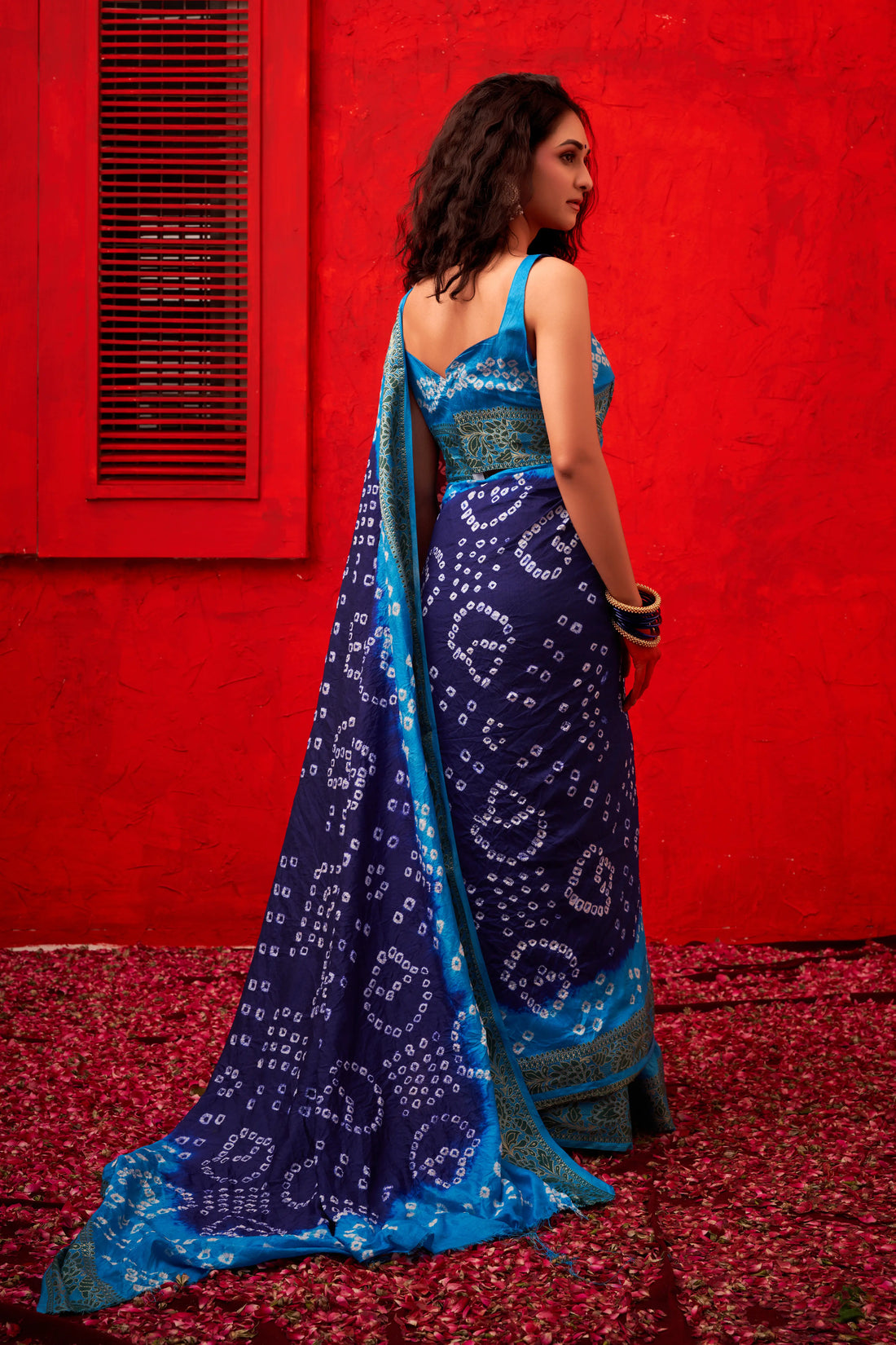 Navy Blue & Firozi Bandhani Nylon Dola Silk Saree