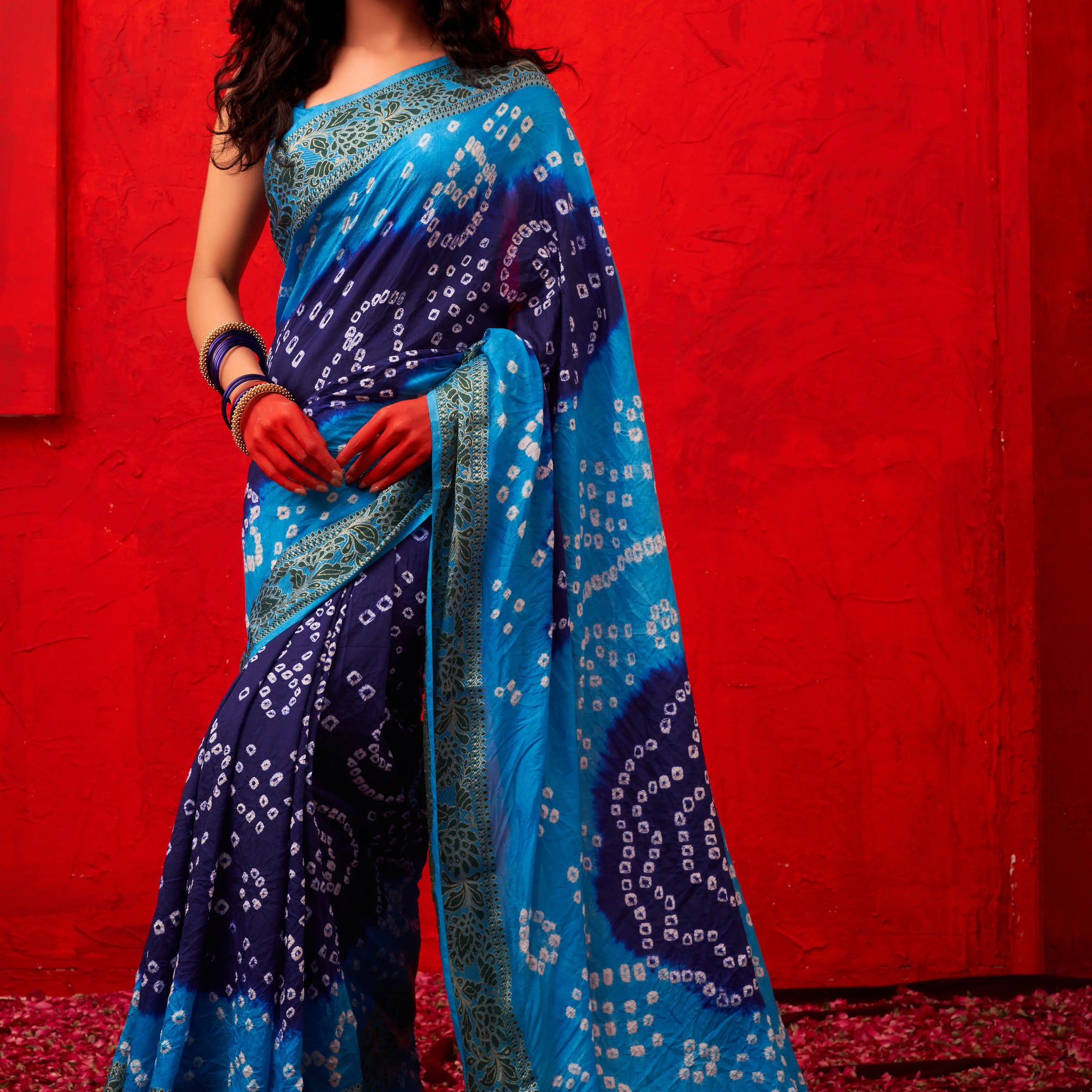 Navy Blue & Firozi Bandhani Nylon Dola Silk Saree