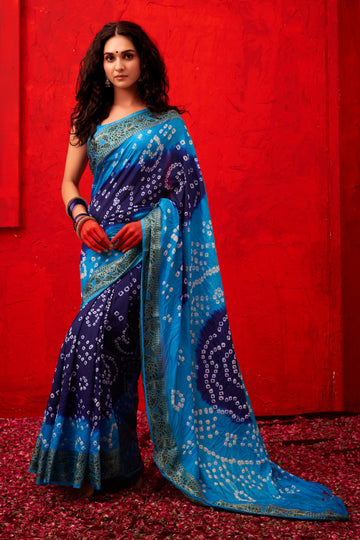 Navy Blue & Firozi Bandhani Nylon Dola Silk Saree