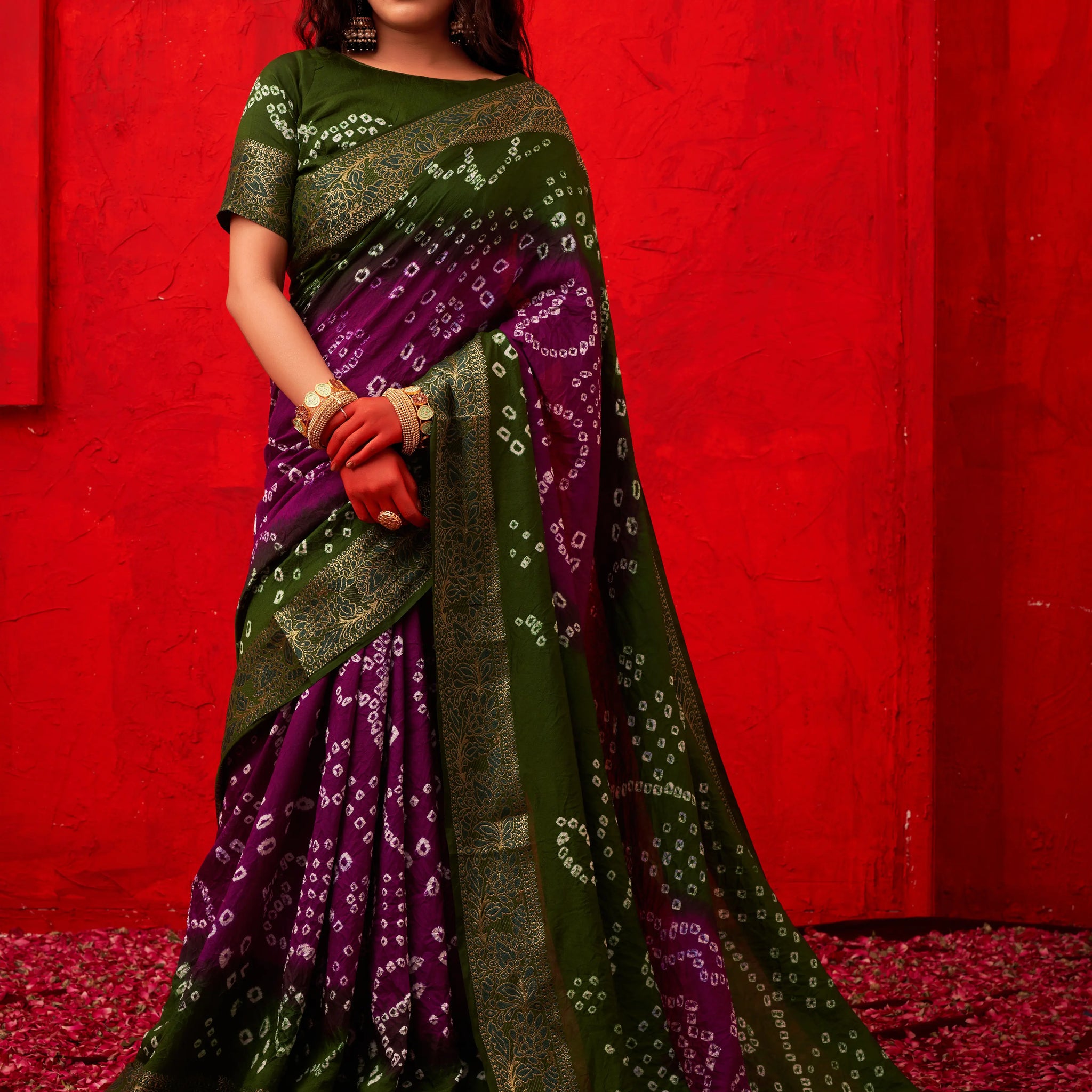 Purple & Green Bandhani Nylon Dola Silk Saree