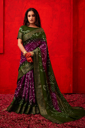 Purple & Green Bandhani Nylon Dola Silk Saree