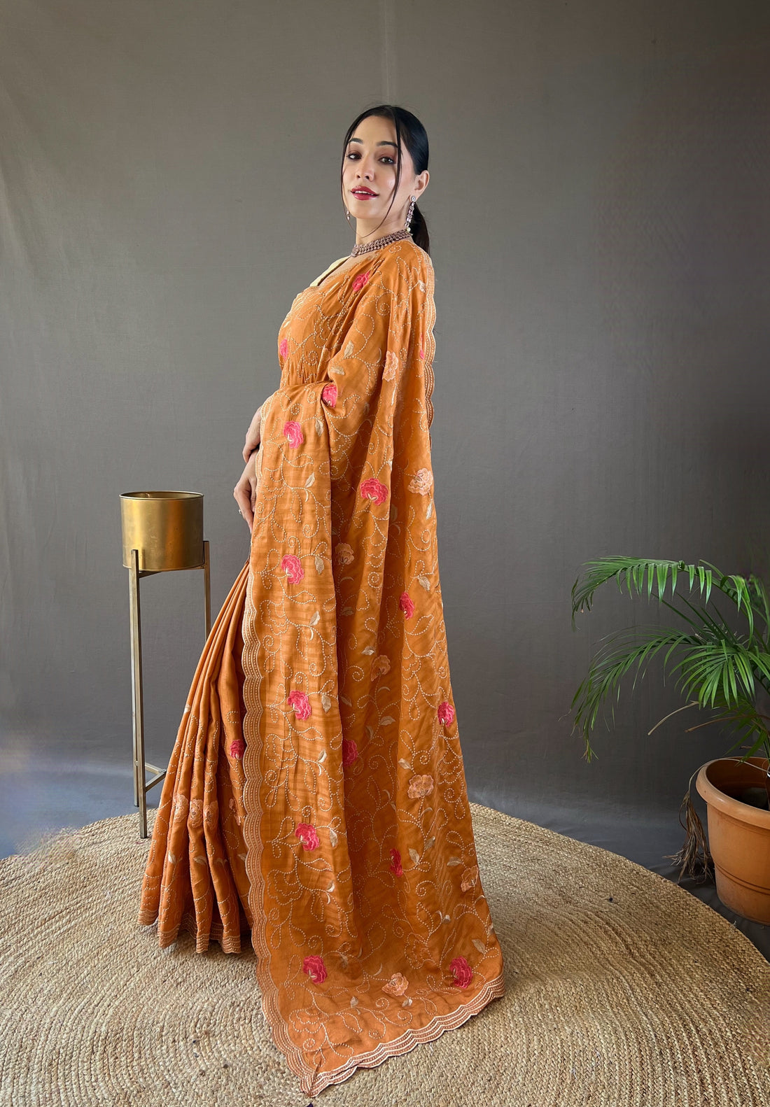 Orange Tussar Silk Saree