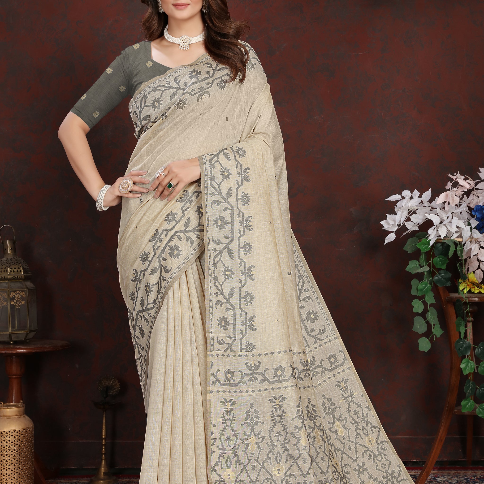 Gray Mulmul Cotton Saree