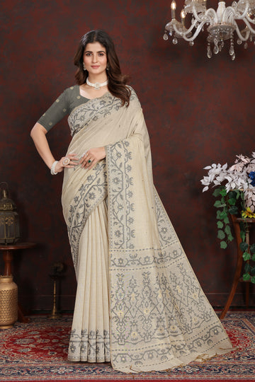 Gray Mulmul Cotton Saree