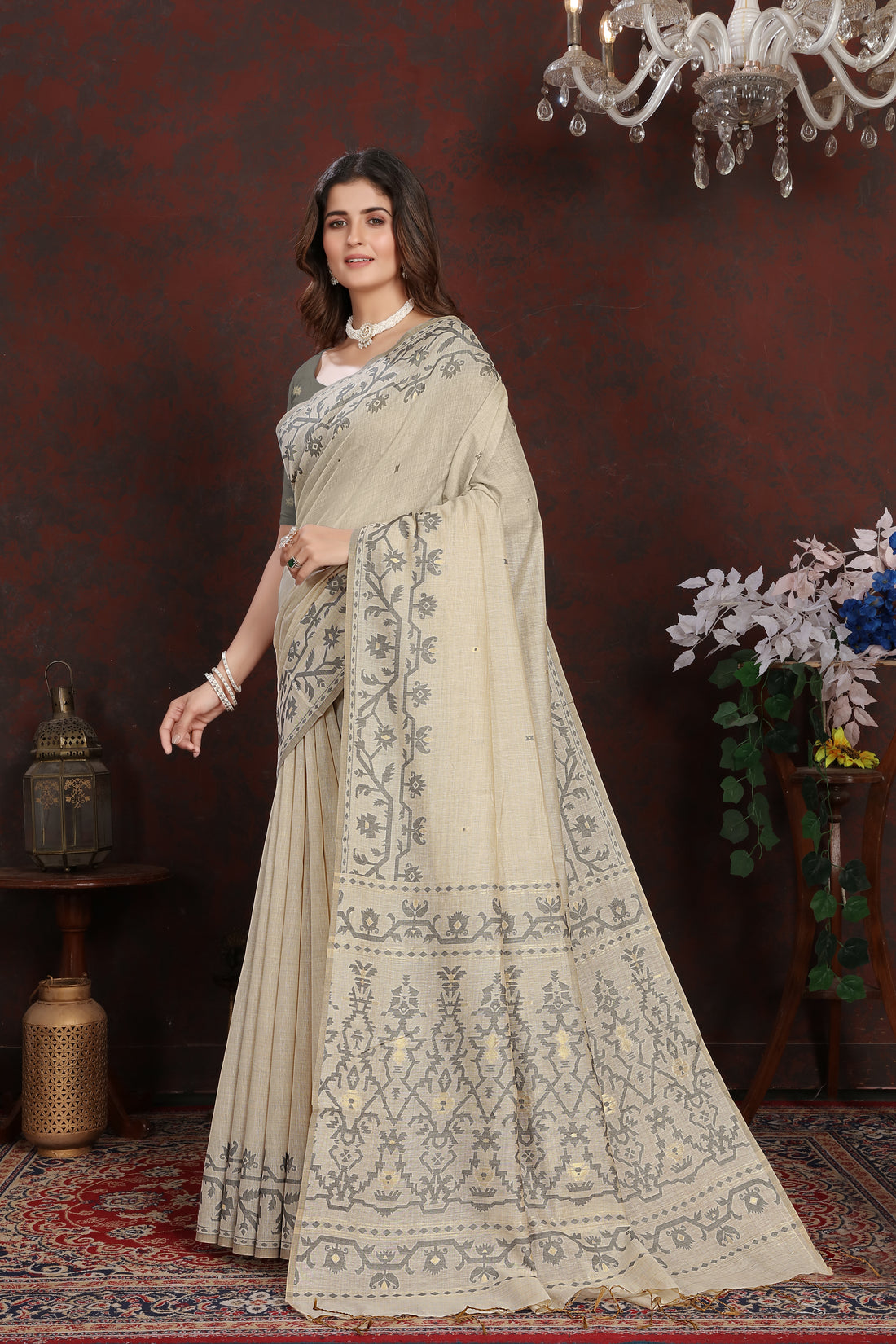 Gray Mulmul Cotton Saree