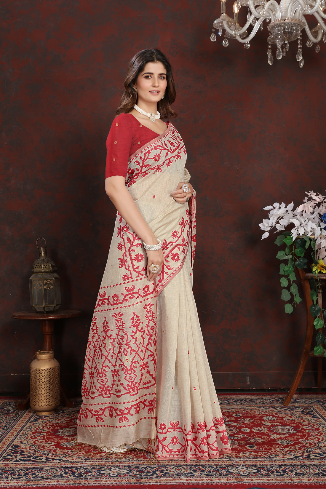 Ishika Fab Red Mulmul Cotton Saree