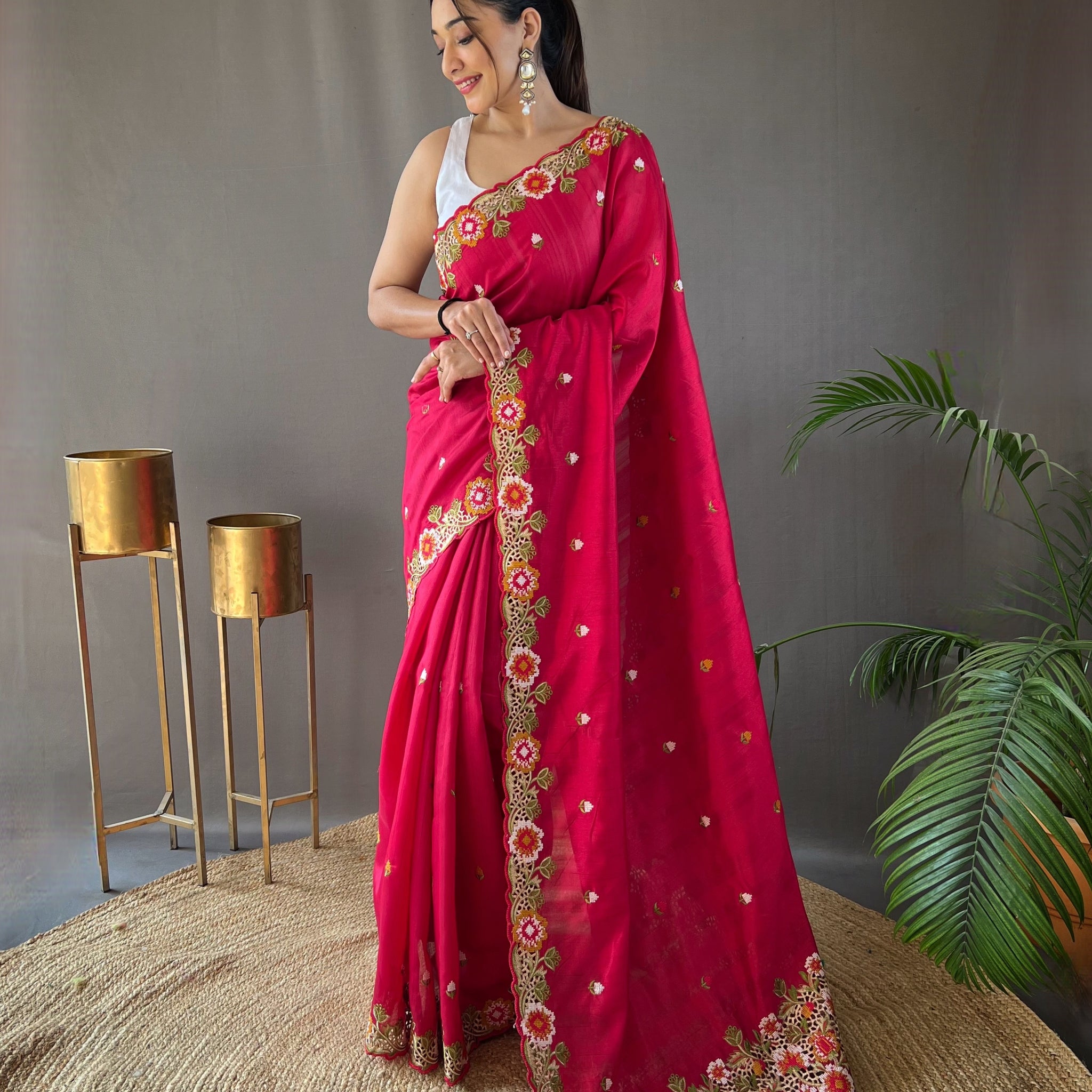 Pink Tussar Silk Saree