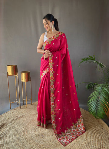 Pink Tussar Silk Saree