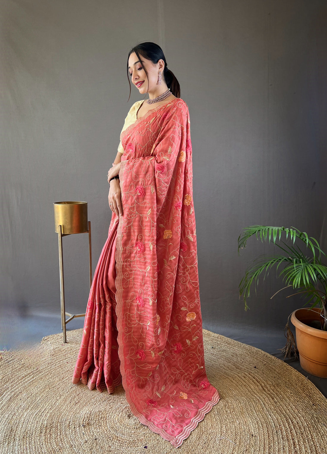 Pink Tussar Silk Saree