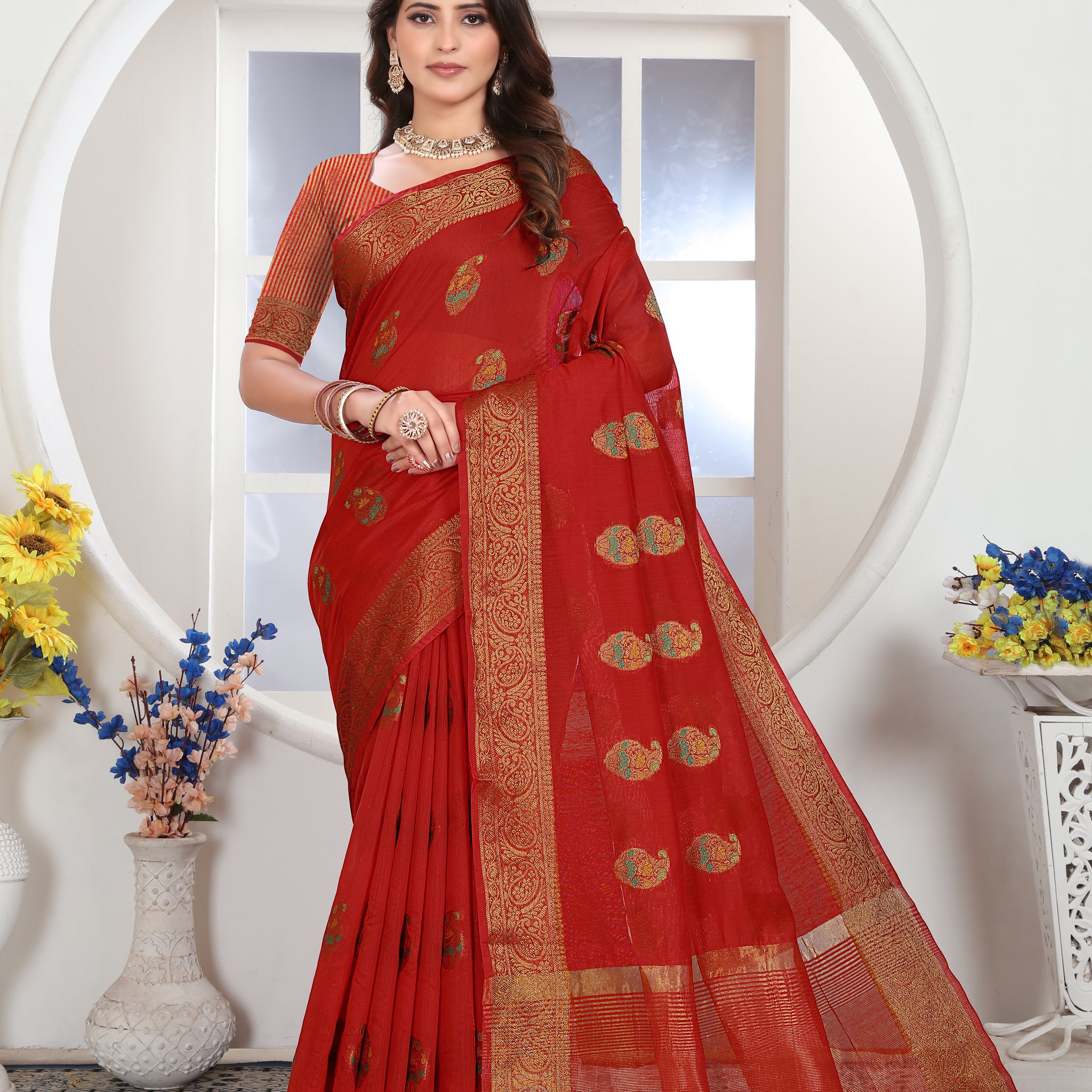 Ishika Fab Red Chanderi Cotton Saree