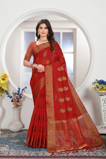 Ishika Fab Red Chanderi Cotton Saree