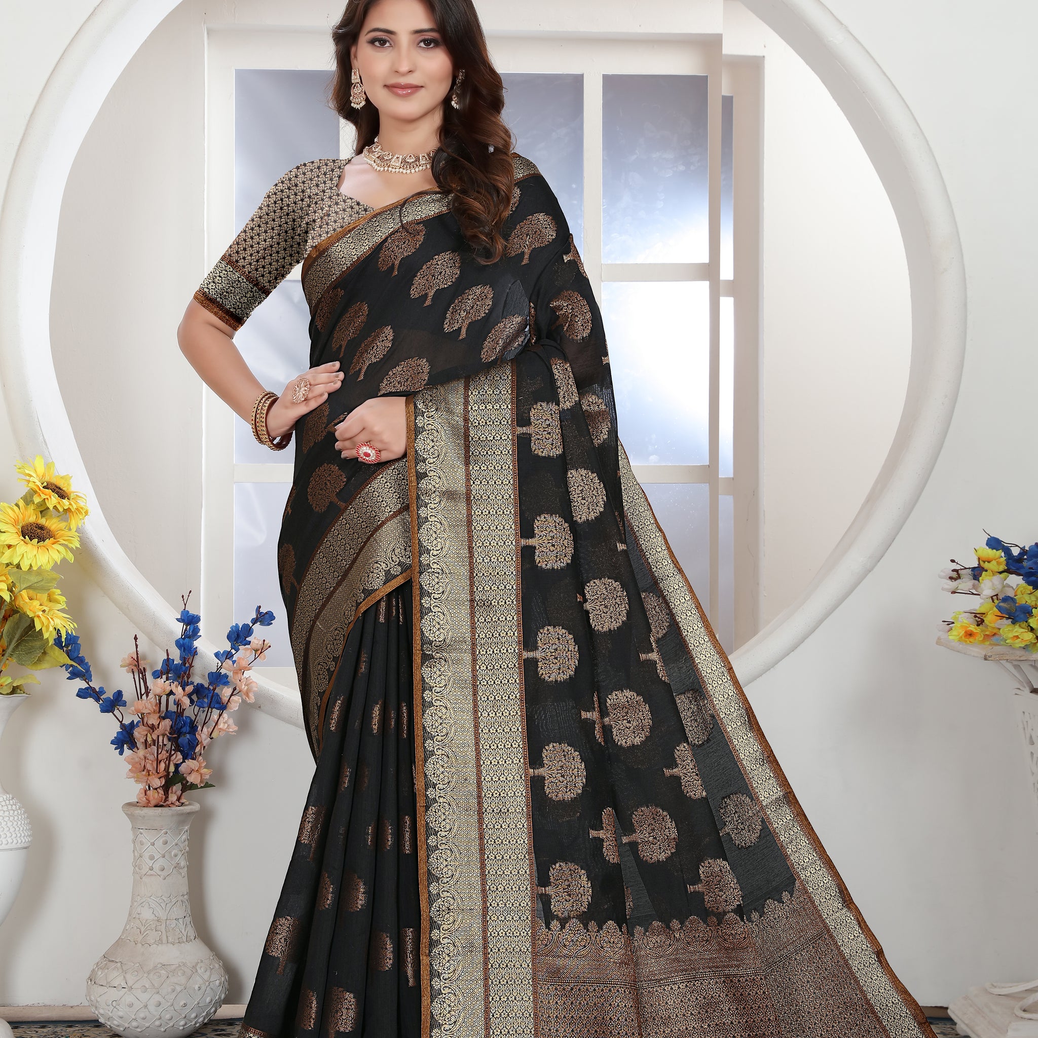 Black Chanderi Cotton Saree