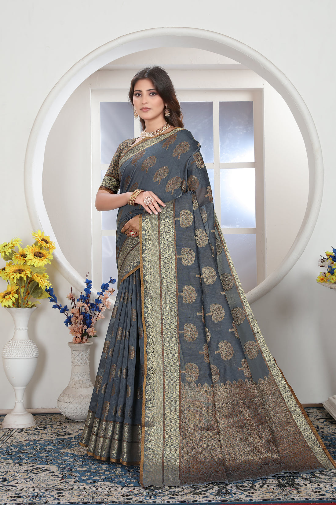 Gray Chanderi Cotton Saree