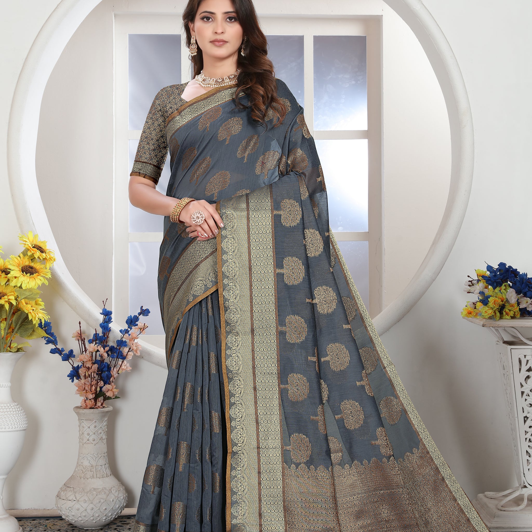 Gray Chanderi Cotton Saree