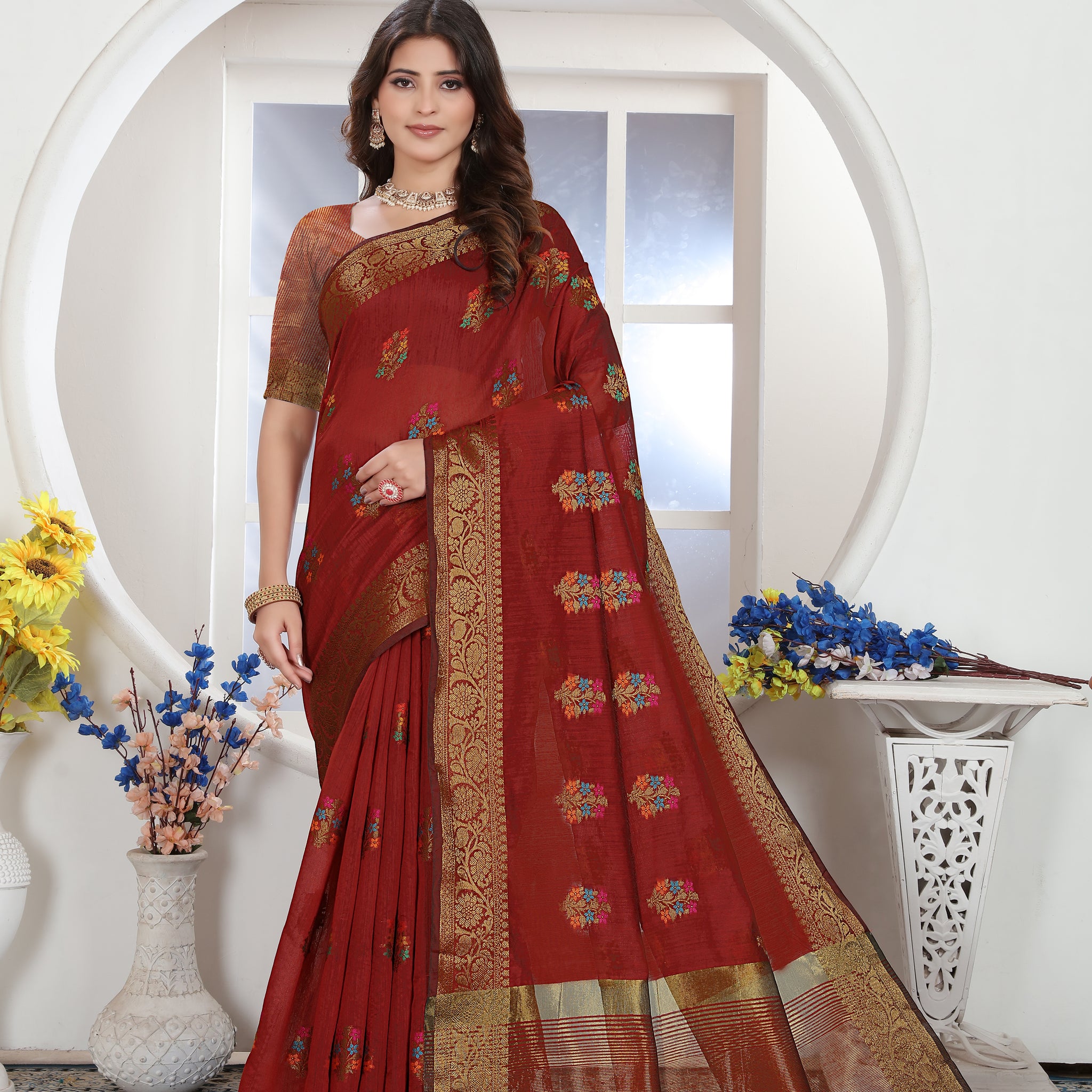 Maroon Chanderi Cotton Saree