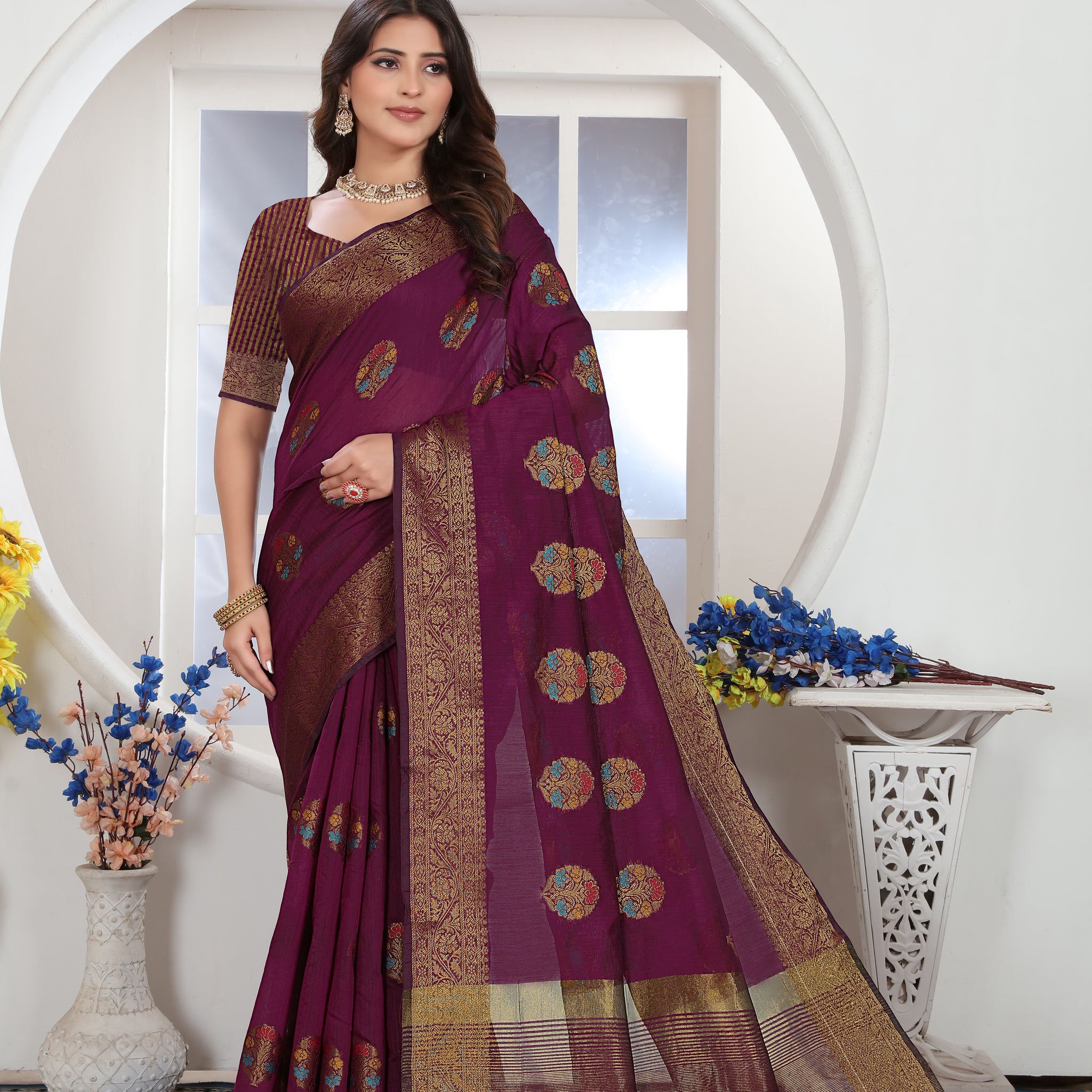 Wine Chanderi Cotton Saree