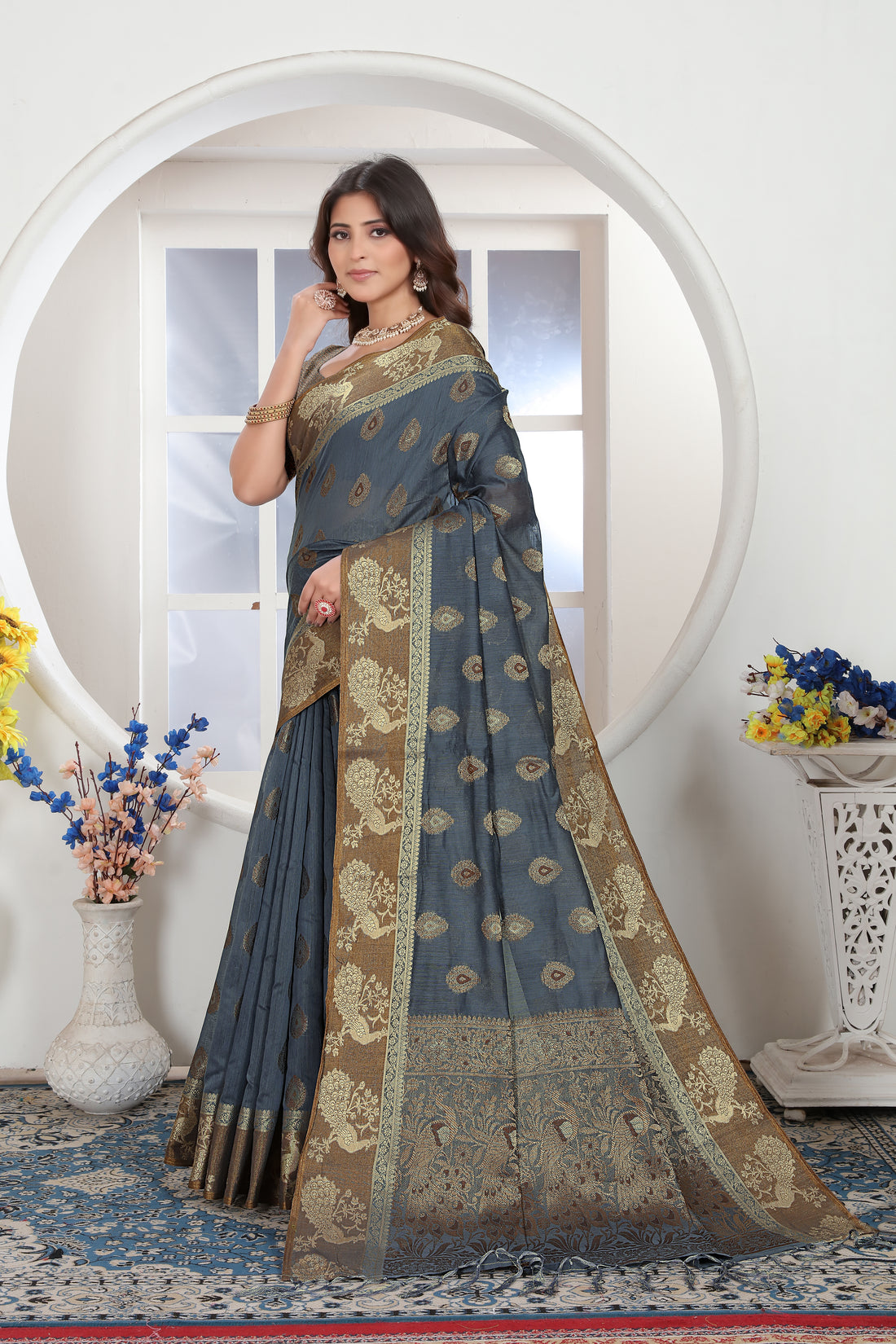 Dark Gray Chanderi Cotton Saree