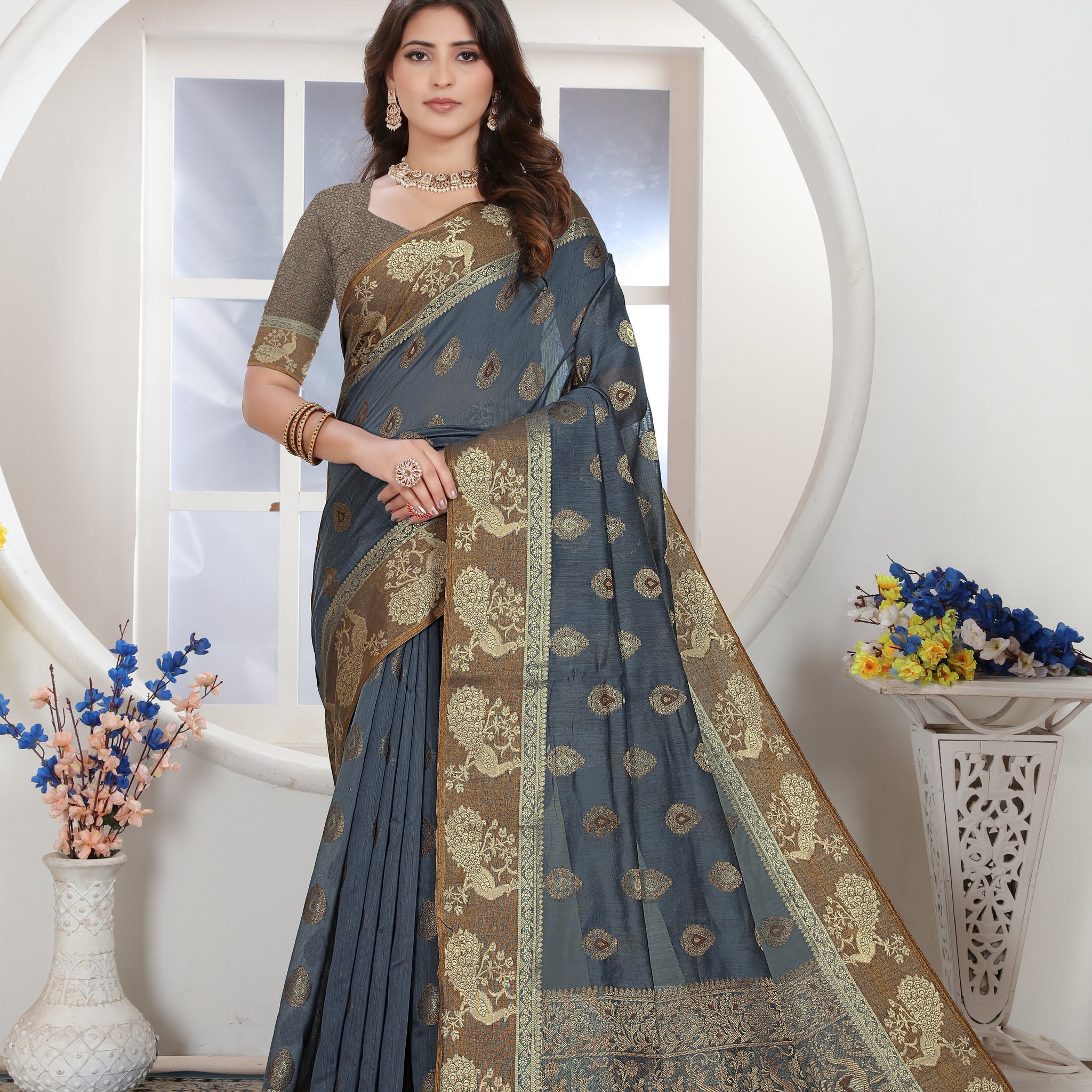 Dark Gray Chanderi Cotton Saree