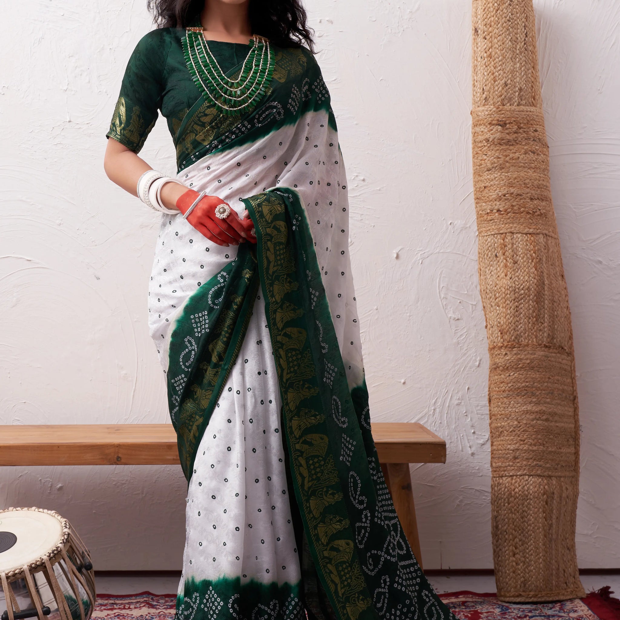 White & Green Viscose Art Silk Saree