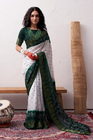 White & Green Viscose Art Silk Saree