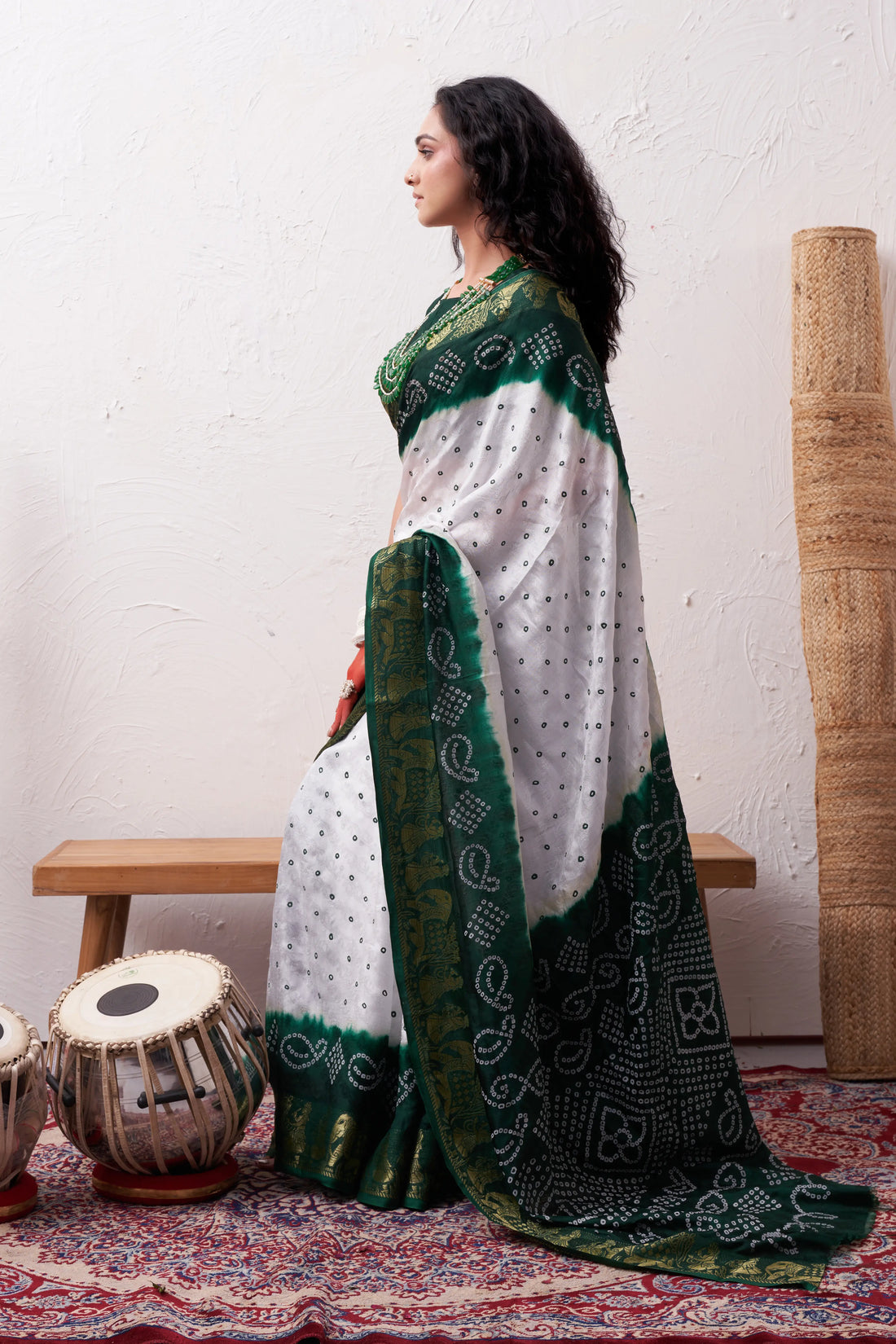 White & Green Viscose Art Silk Saree