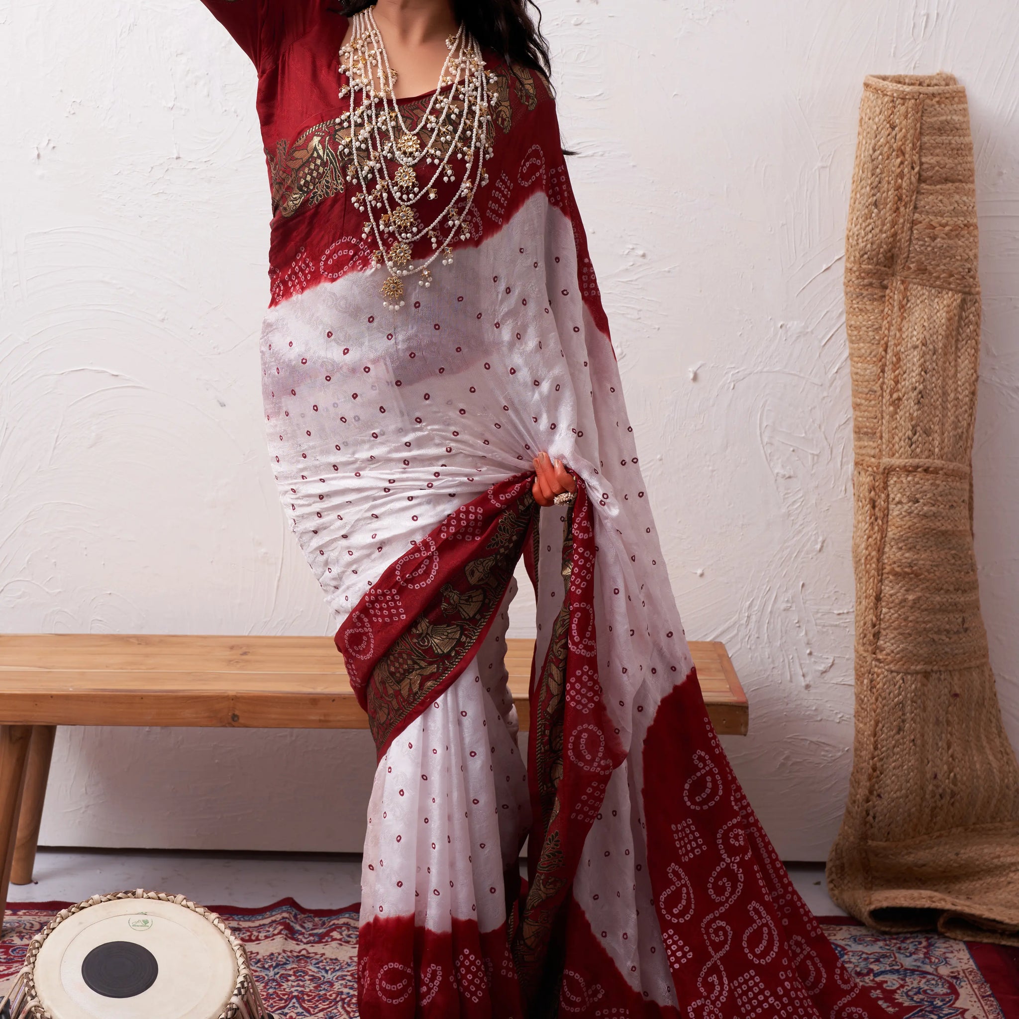 White & Maroon Viscose Art Silk Saree