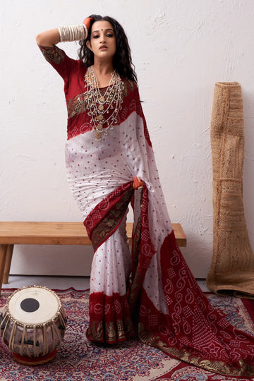 White & Maroon Viscose Art Silk Saree