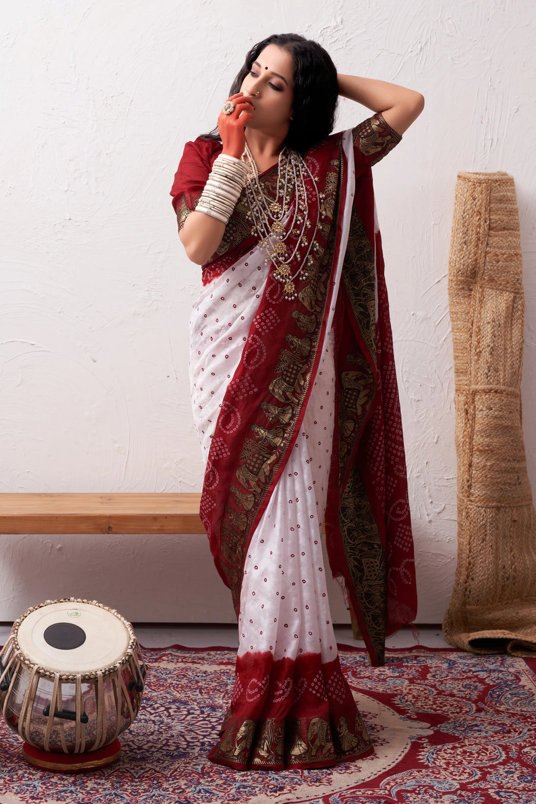 White & Maroon Viscose Art Silk Saree