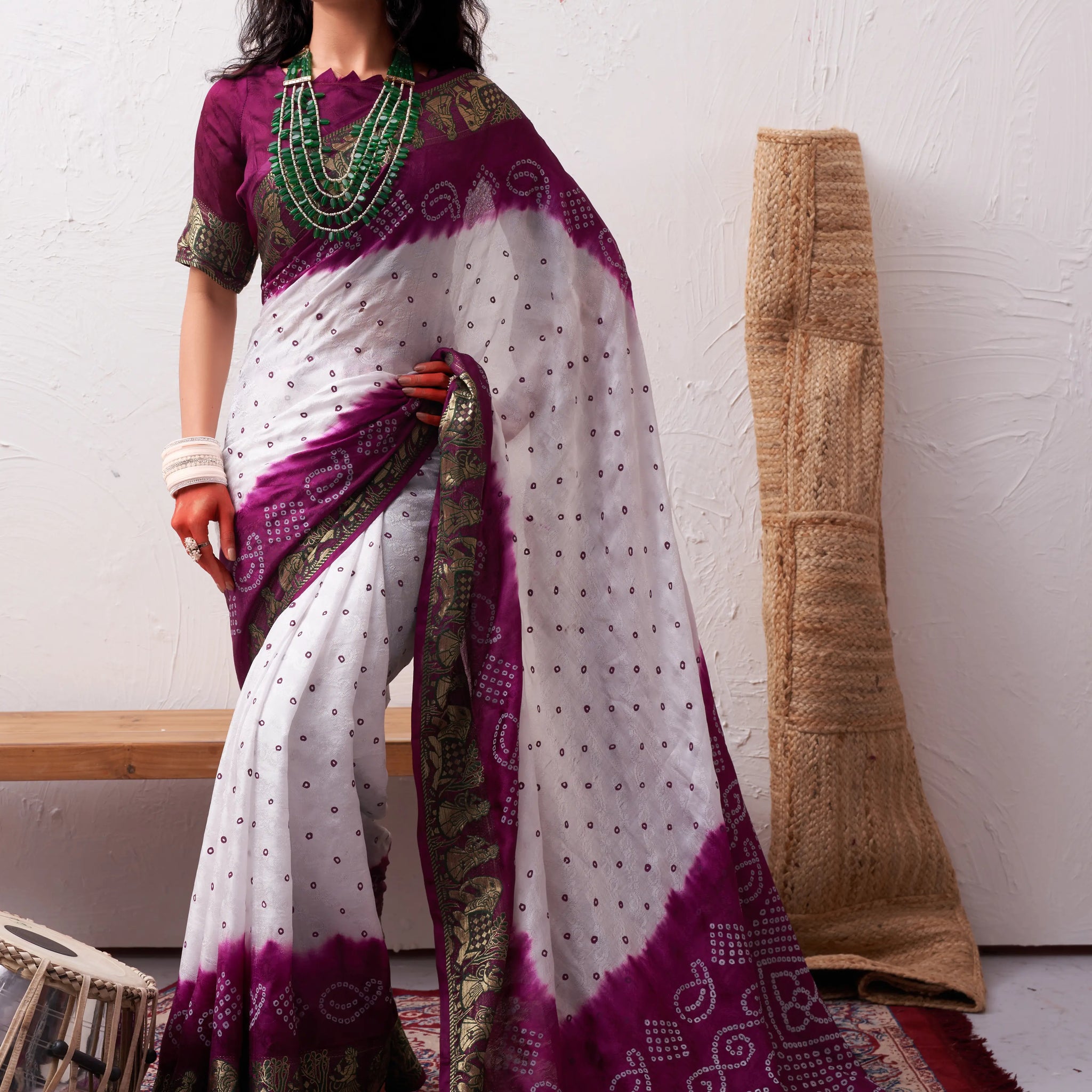 White & Wine Viscose Art Silk Saree