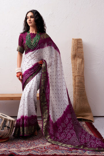 White & Wine Viscose Art Silk Saree