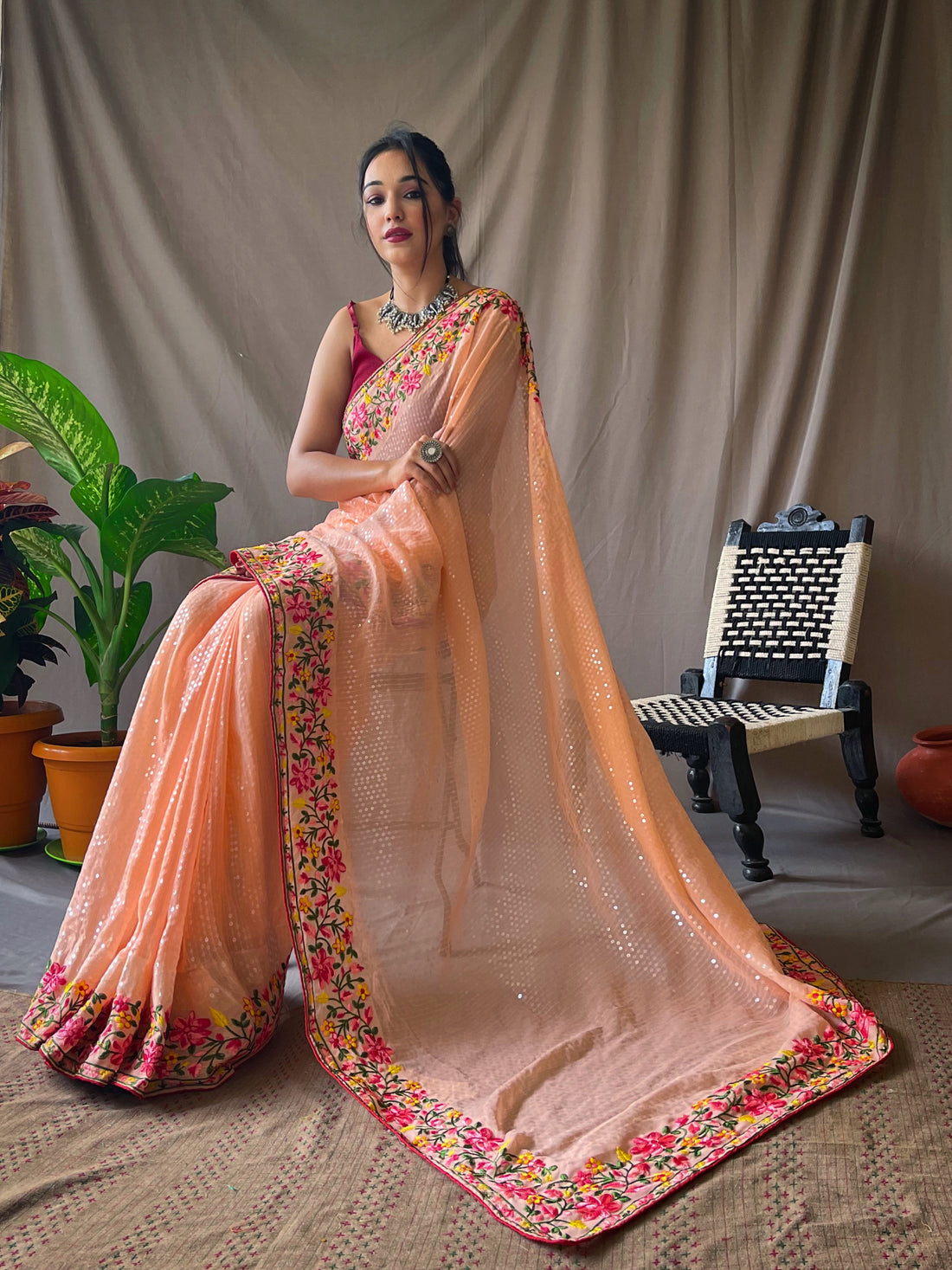 Peach Georgette Saree