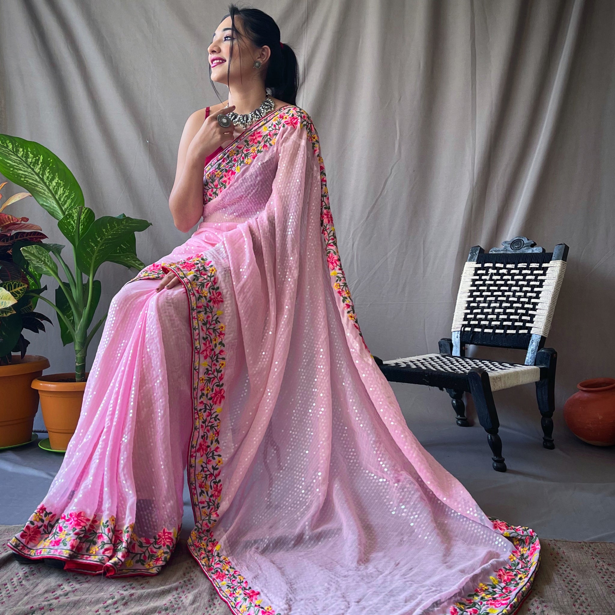 Pink Georgette Saree