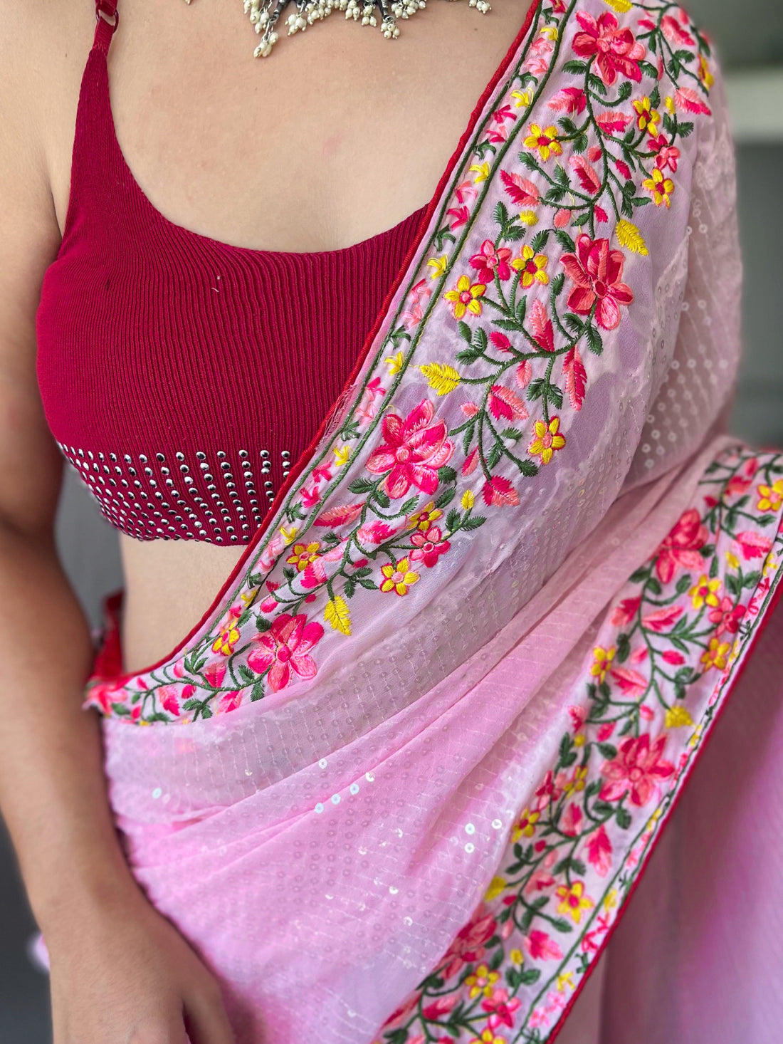 Pink Georgette Saree