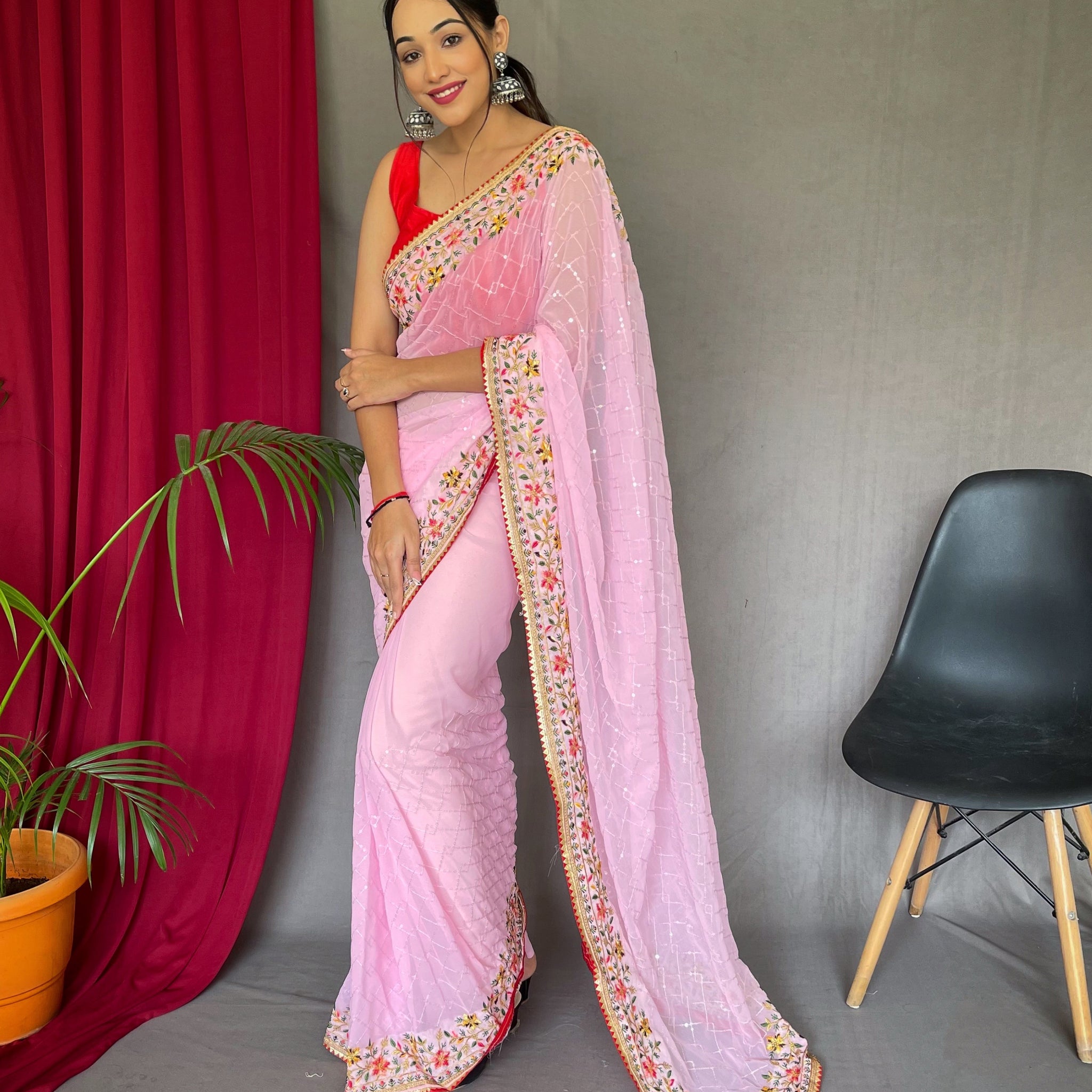 Pink Georgette Saree