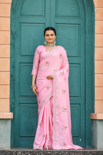 Pink Tussar Silk Cotton Saree