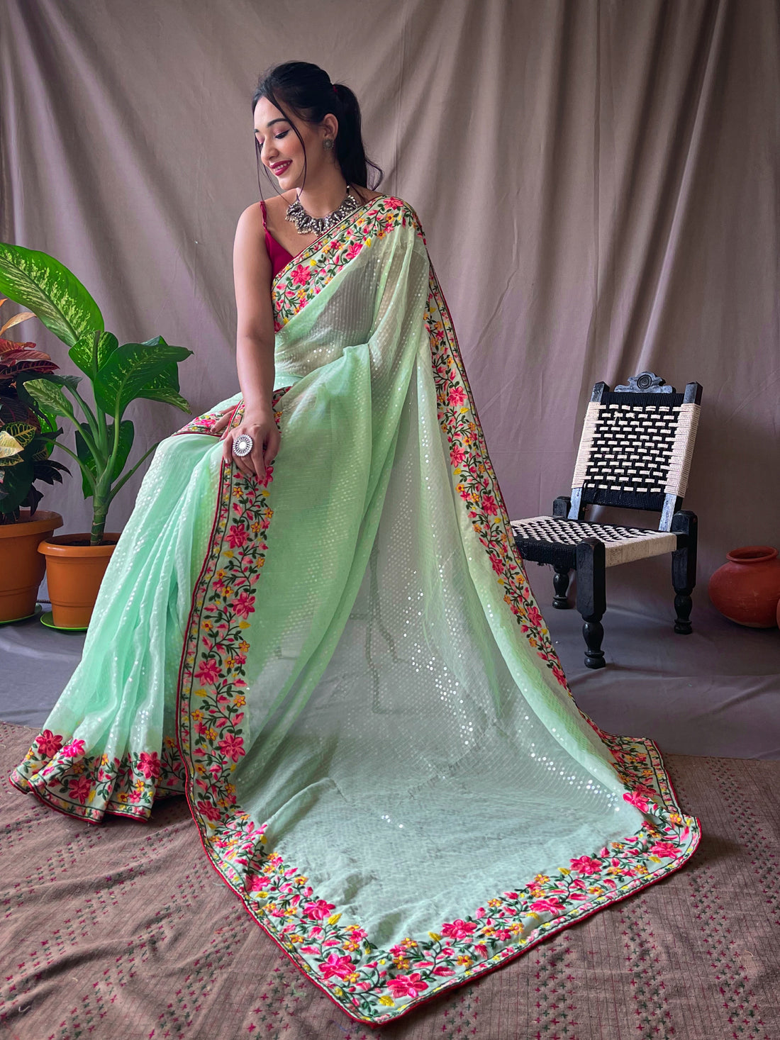 Pista Georgette Saree