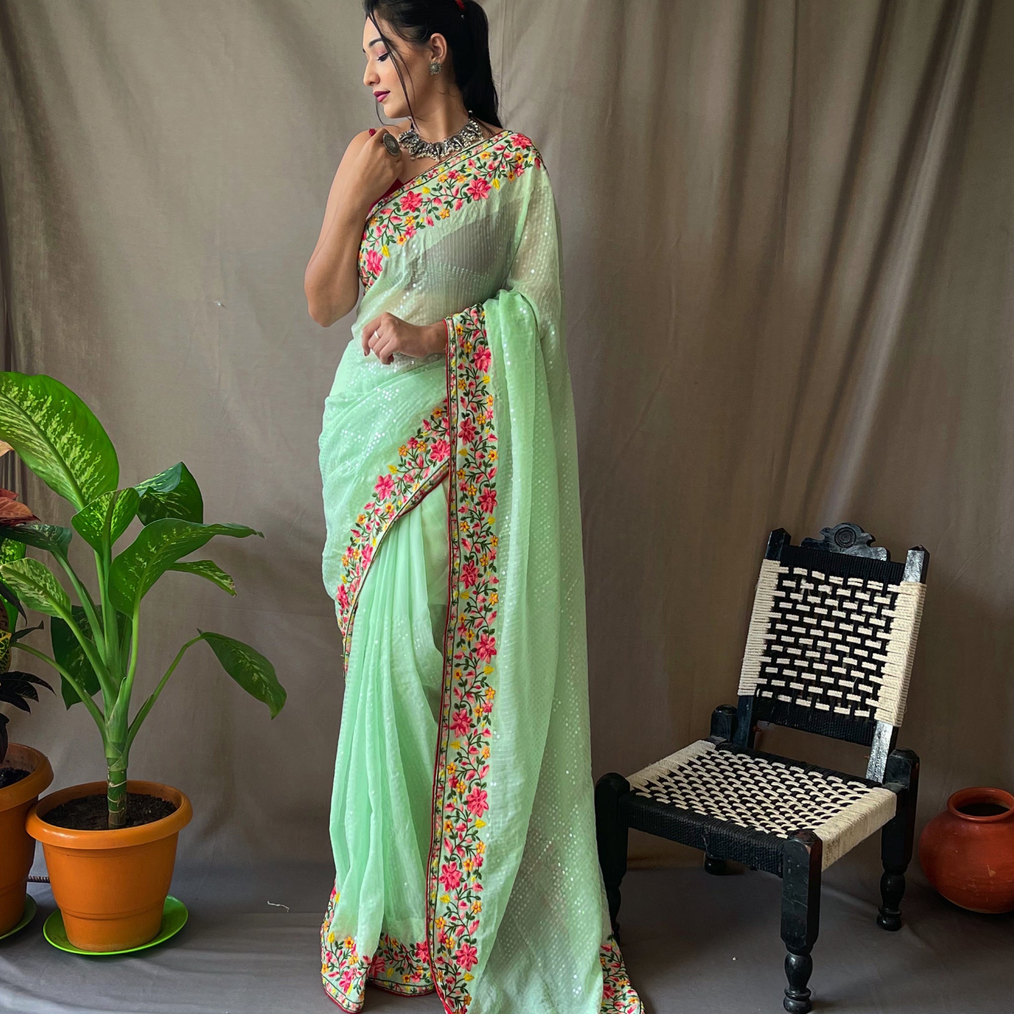 Pista Georgette Saree