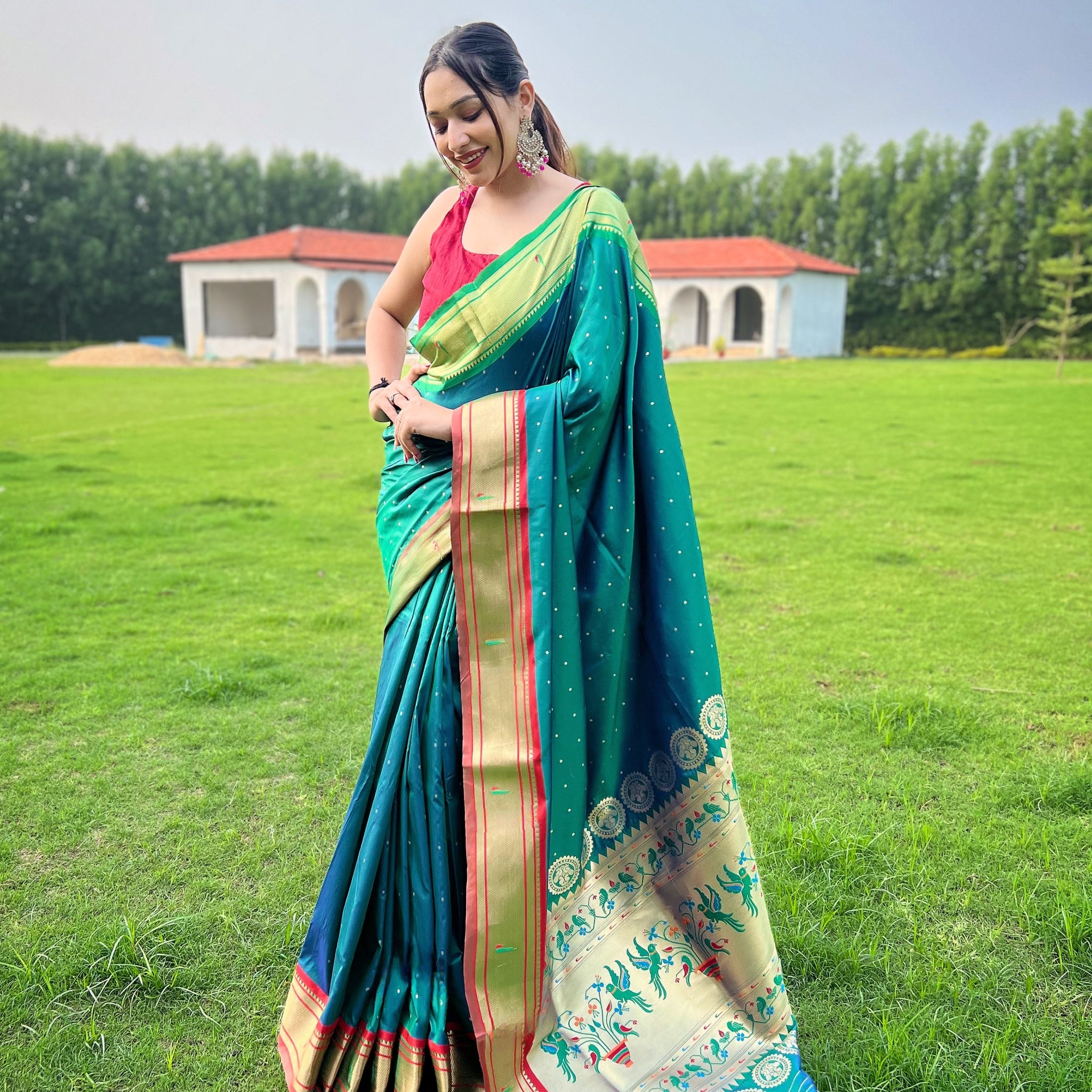 Cyan Green Paithani Silk Saree