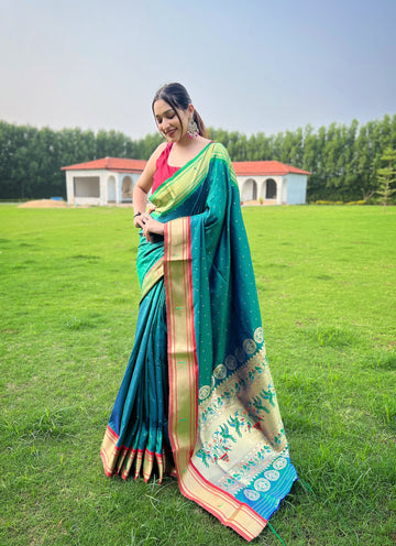 Cyan Green Paithani Silk Saree