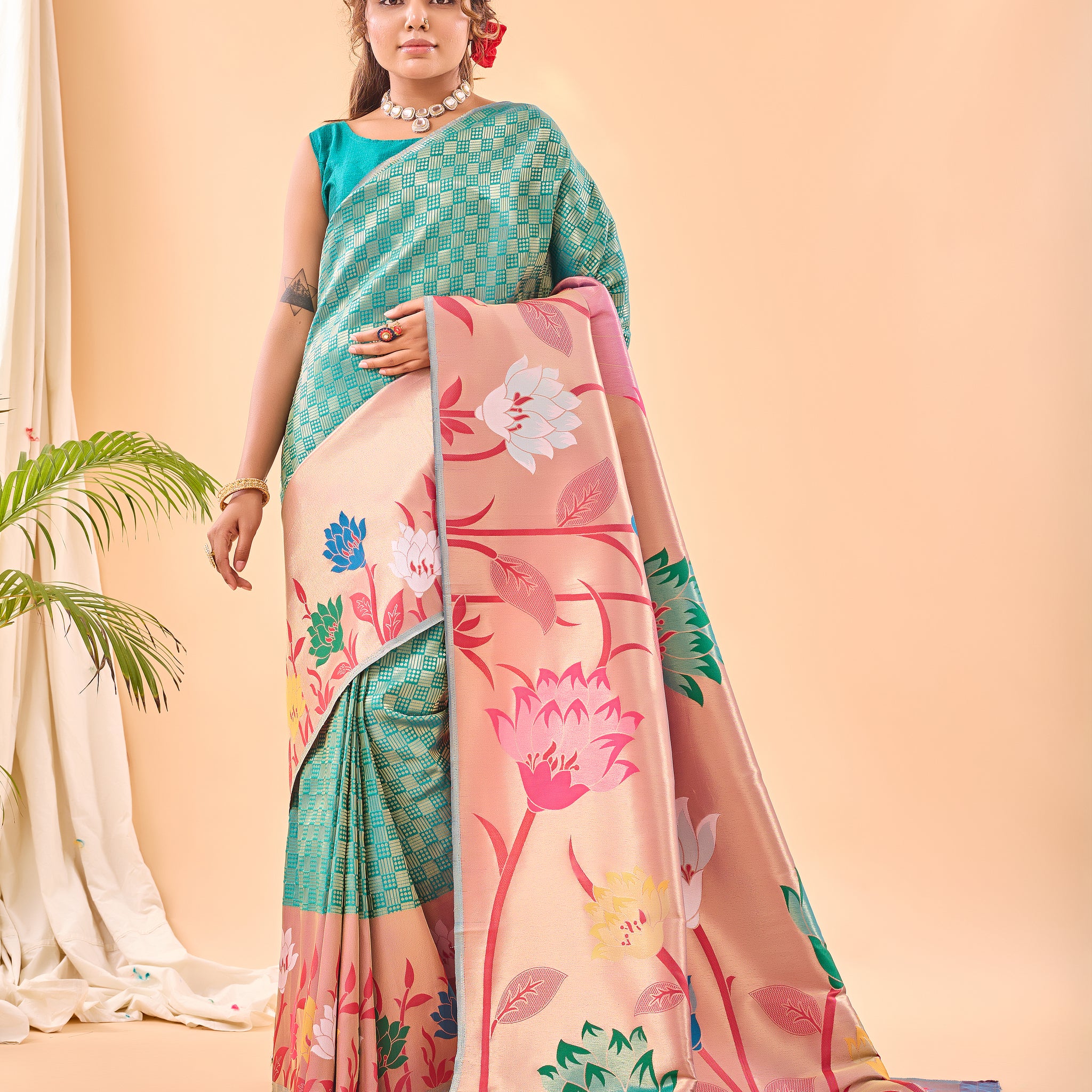 Cyan Green Paithani Silk Saree