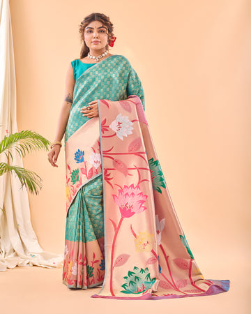 Cyan Green Paithani Silk Saree