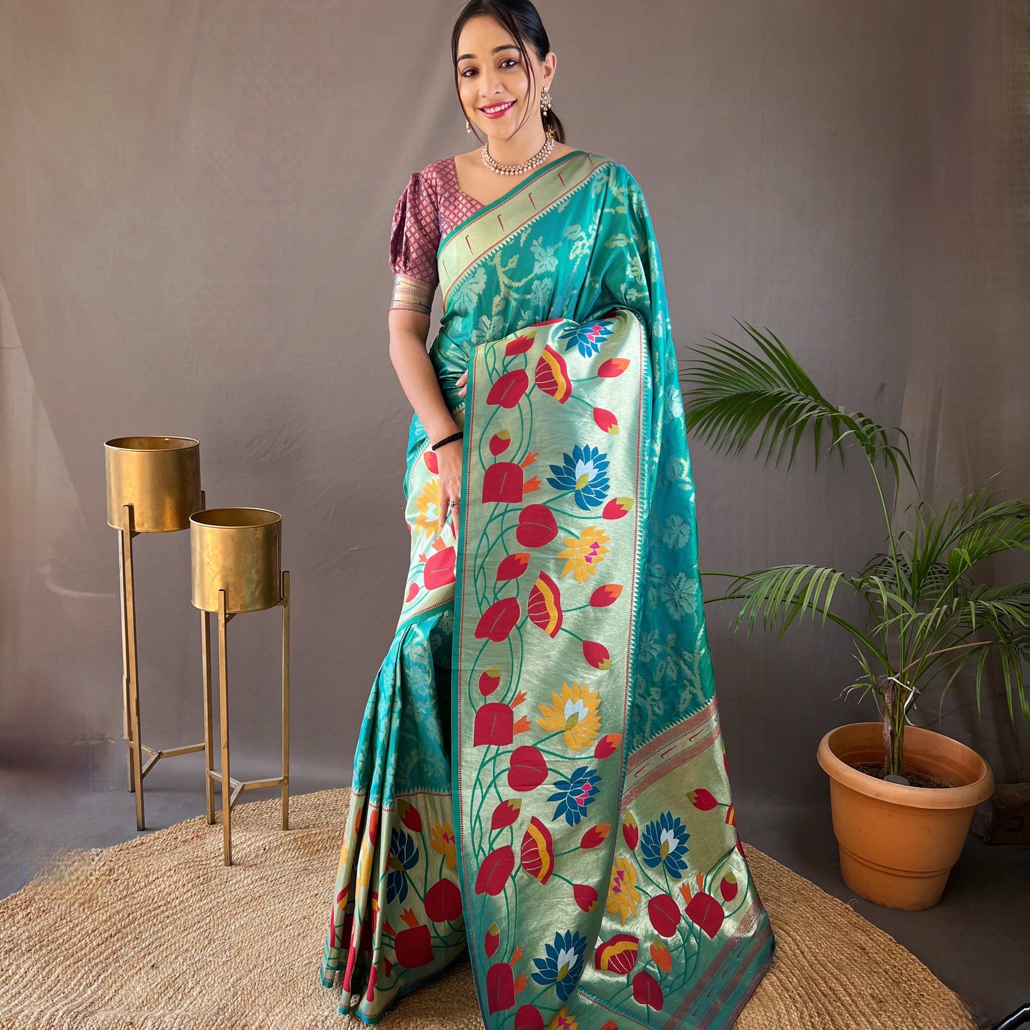 Cyan Green Paithani Silk Saree