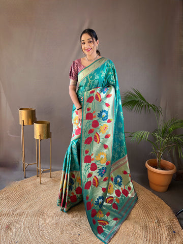 Cyan Green Paithani Silk Saree