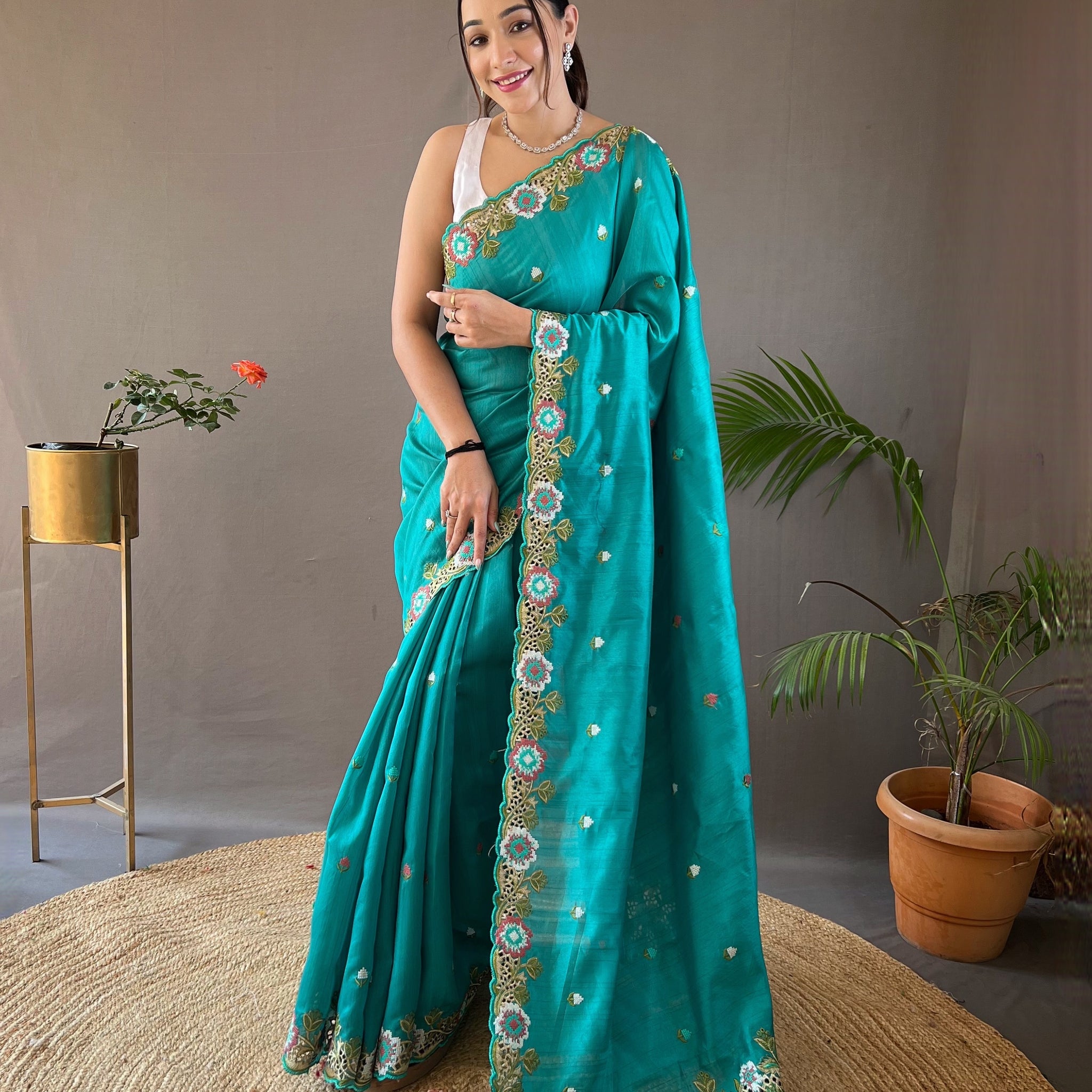 Cyan Blue Tussar Silk Saree