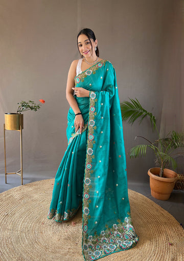 Cyan Blue Tussar Silk Saree