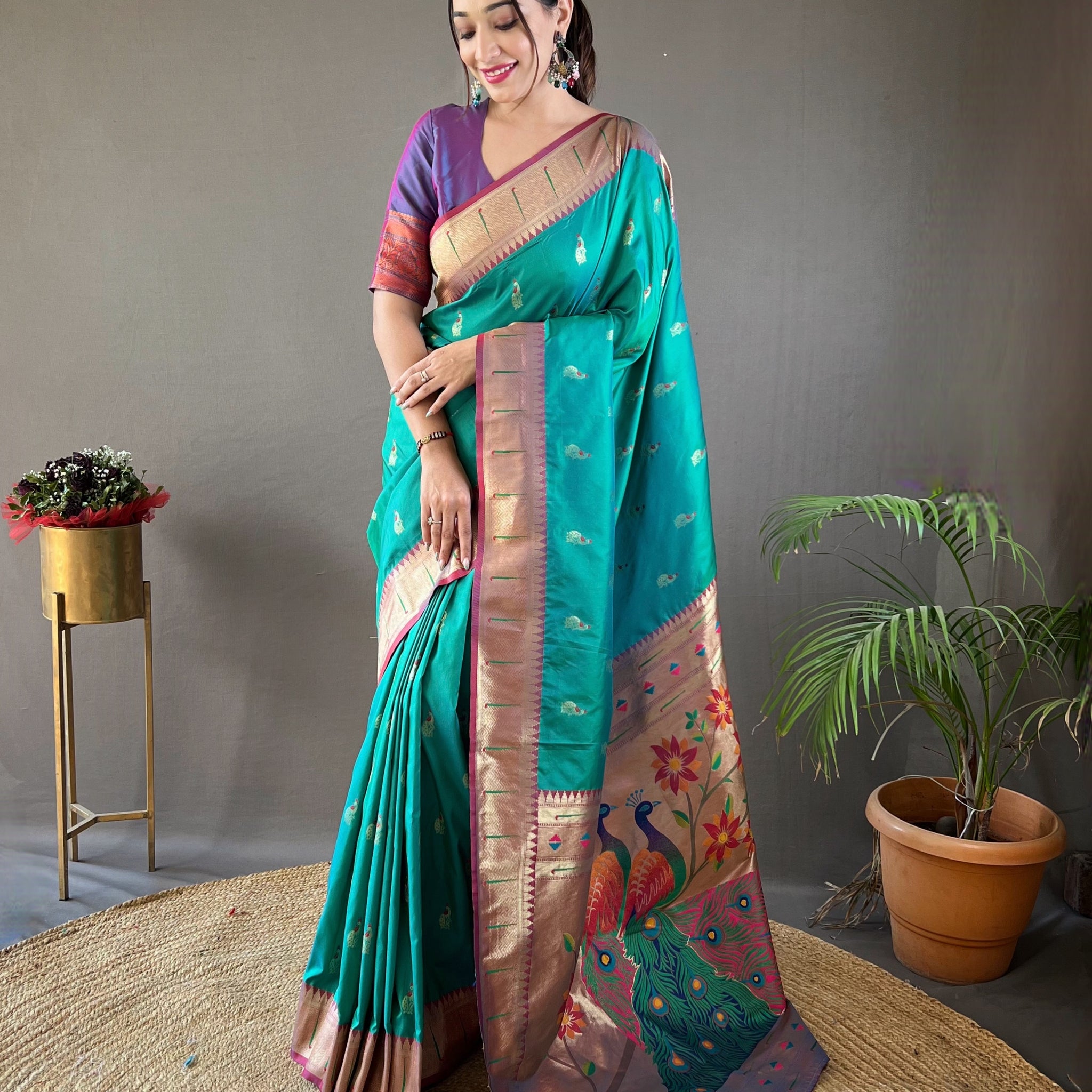 Cyan Green Paithani Silk Saree