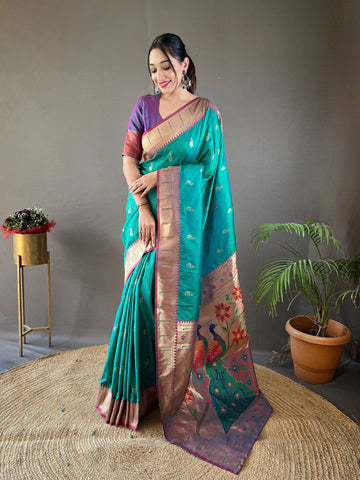 Cyan Green Paithani Silk Saree