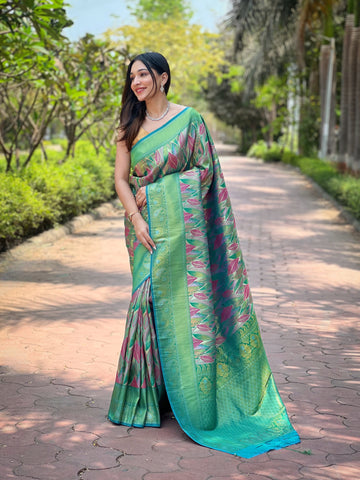 Cyan Green Kanchi Pattu Silk Saree