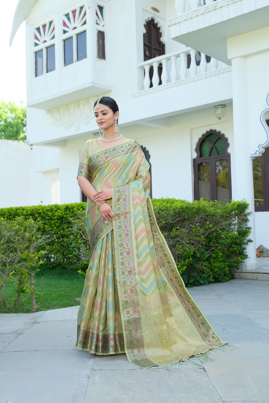 Ishika Fab Pista Green Organza Saree