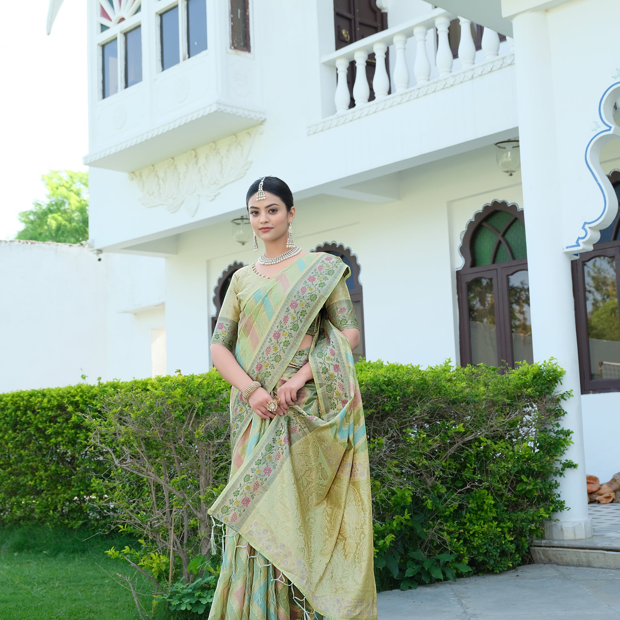 Ishika Fab Pista Green Organza Saree